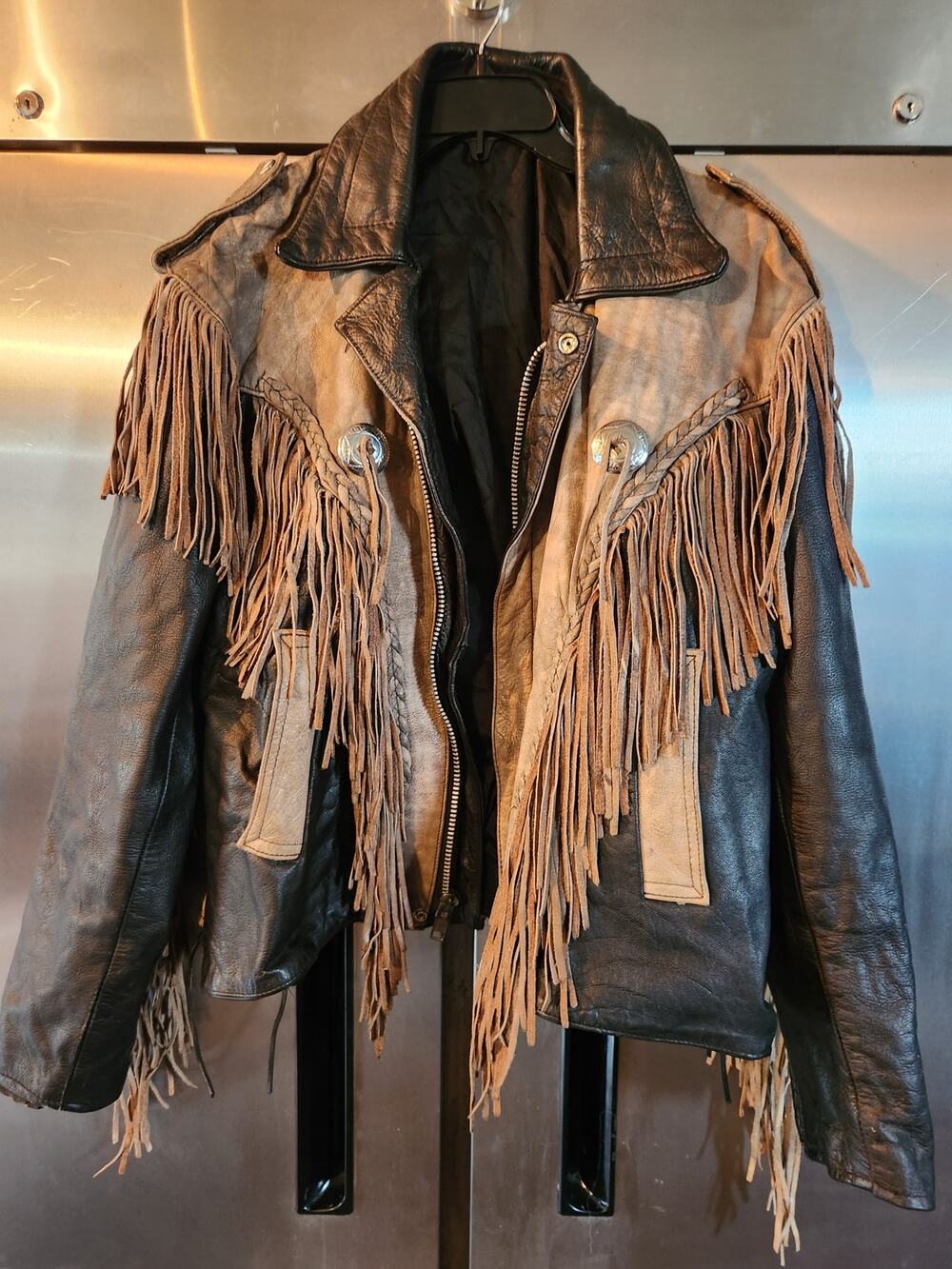 Vintage Western Fringe Leather Jacket Concho Two-Tone Biker Boho Coat